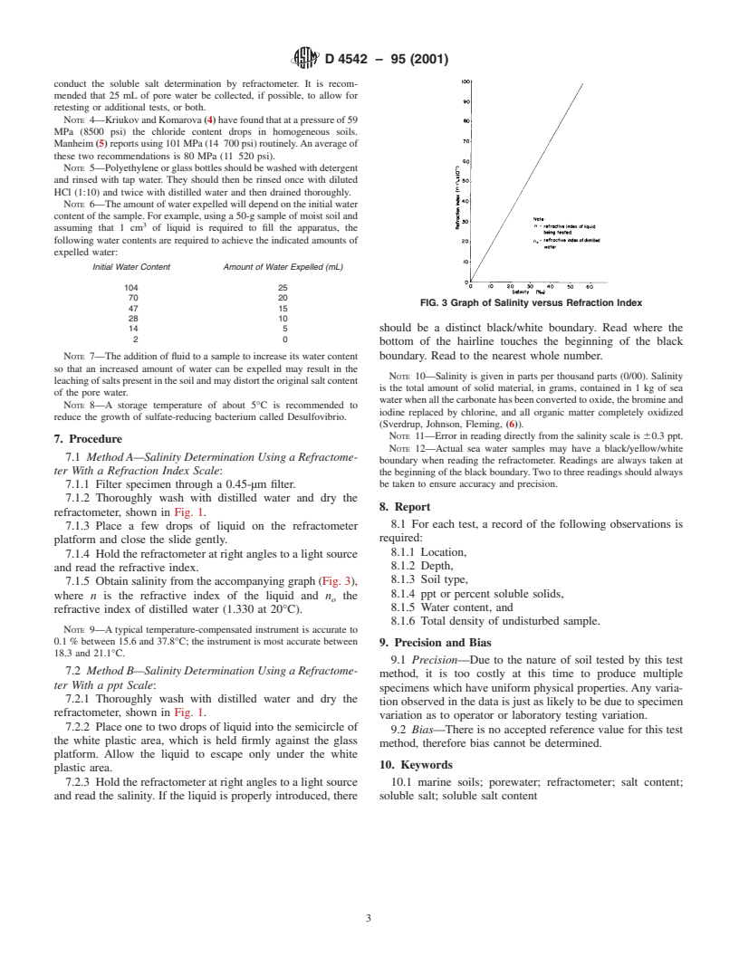 ASTM D4542-95(2001) - Standard Test Method for Pore Water Extraction and Determination of the Soluble Salt Content of Soils by Refractometer