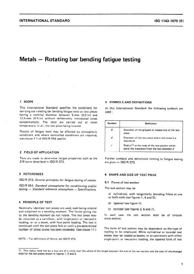 ISO 1143:1975 - Metals -- Rotating bar bending fatigue testing