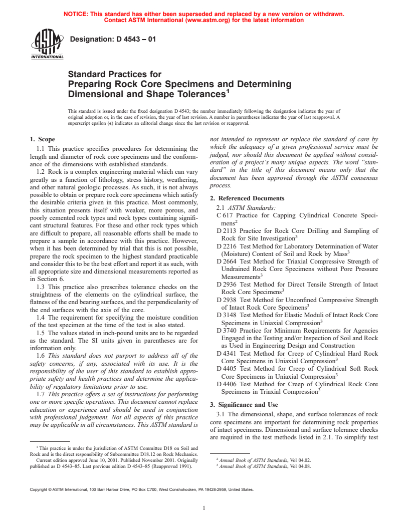 ASTM D4543-01 - Standard Practices for Preparing Rock Core Specimens and Determining Dimensional and Shape Tolerances