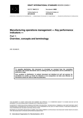 ISO 22400-1:2014 - Automation systems and integration -- Key performance indicators (KPIs) for manufacturing operations management