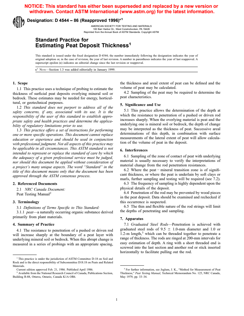 ASTM D4544-86(1996)e1 - Standard Practice for Estimating Peat Deposit Thickness