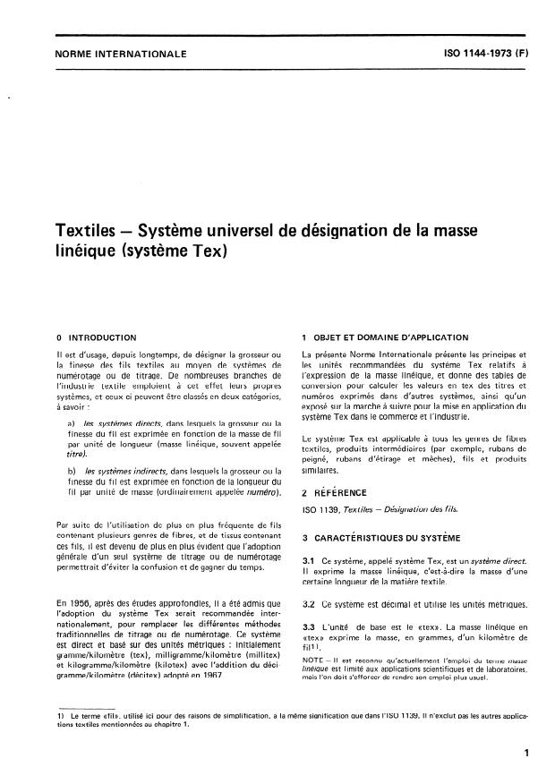 ISO 1144:1973 - Textiles -- Systeme universel de désignation de la masse linéique (systeme Tex)