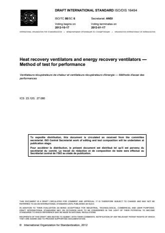 ISO 16494:2014 - Heat recovery ventilators and energy recovery ventilators -- Method of test for performance