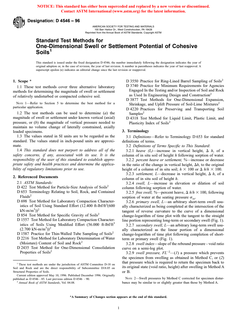 ASTM D4546-96 - Standard Test Methods for One-Dimensional Swell or Settlement Potential of Cohesive Soils