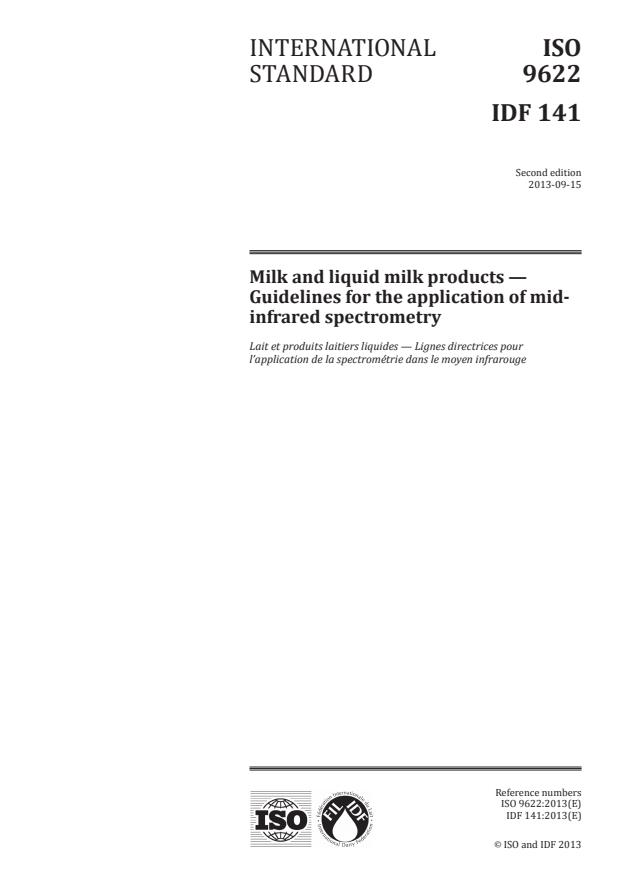 ISO 9622:2013 - Milk and liquid milk products -- Guidelines for the application of mid-infrared spectrometry