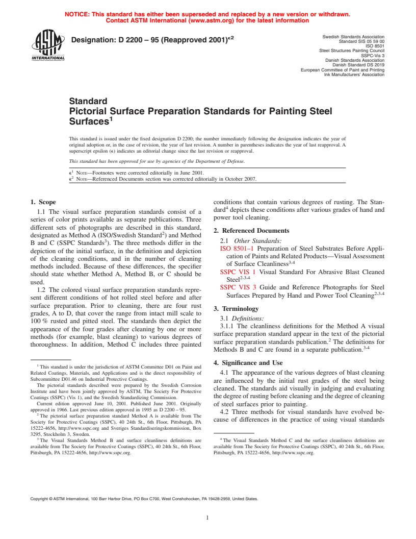 ASTM D2200-95(2001)e2 - Standard Pictorial Surface Preparation Standards for Painting Steel Surfaces