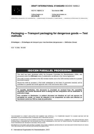 ISO 16495:2013 - Packaging -- Transport packaging for dangerous goods -- Test methods
