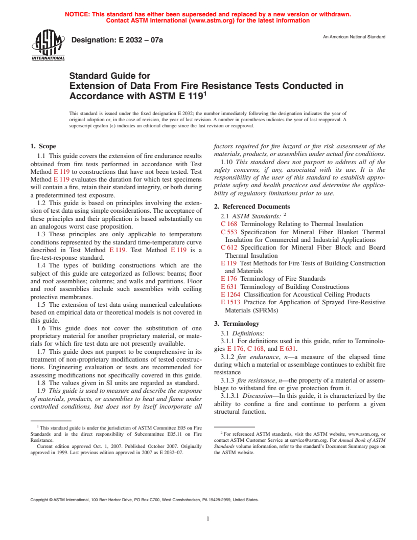 ASTM E2032-07a - Standard Guide for Extension of Data From Fire Resistance Tests Conducted in Accordance with ASTM E 119