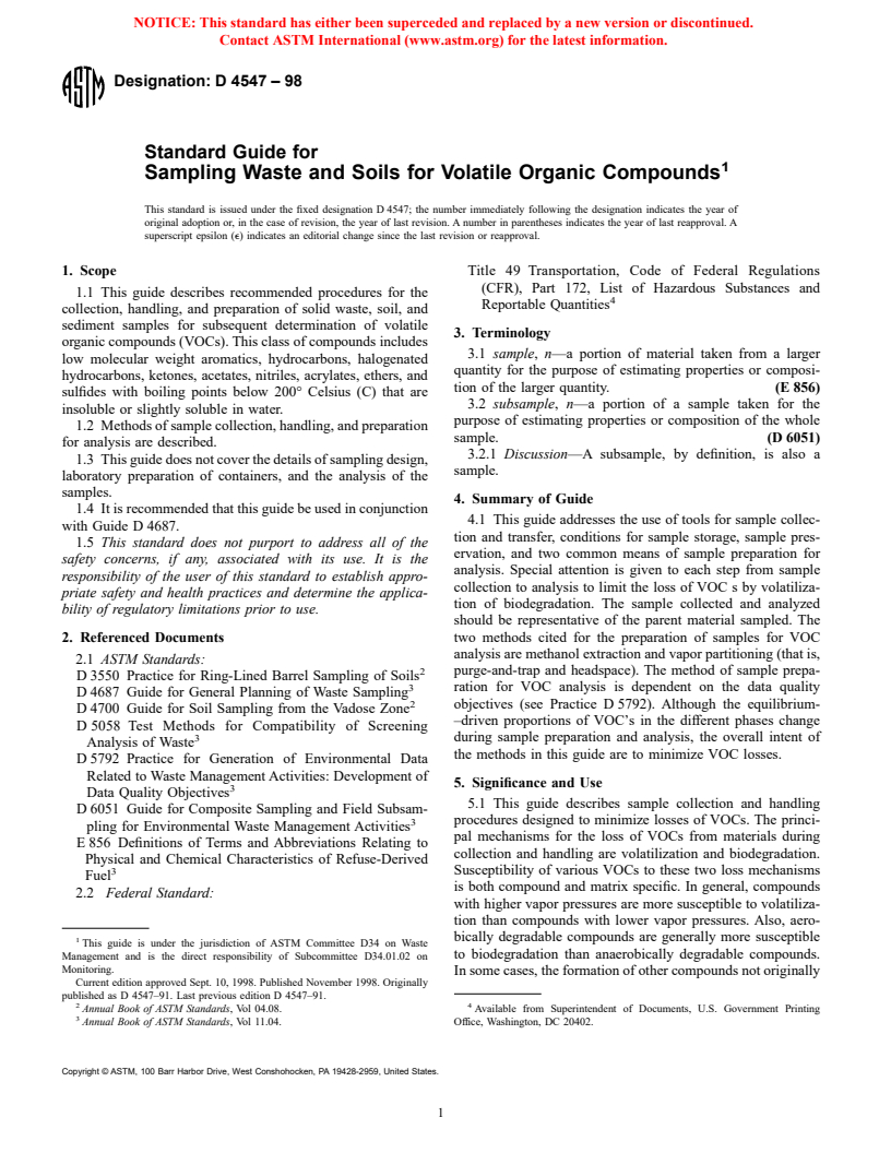 ASTM D4547-98 - Standard Guide for Sampling Waste and Soils for Volatile Organic Compounds
