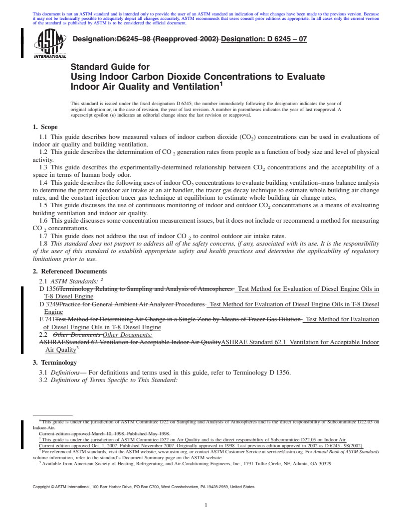 REDLINE ASTM D6245-07 - Standard Guide for Using Indoor Carbon Dioxide Concentrations to Evaluate Indoor Air Quality and Ventilation