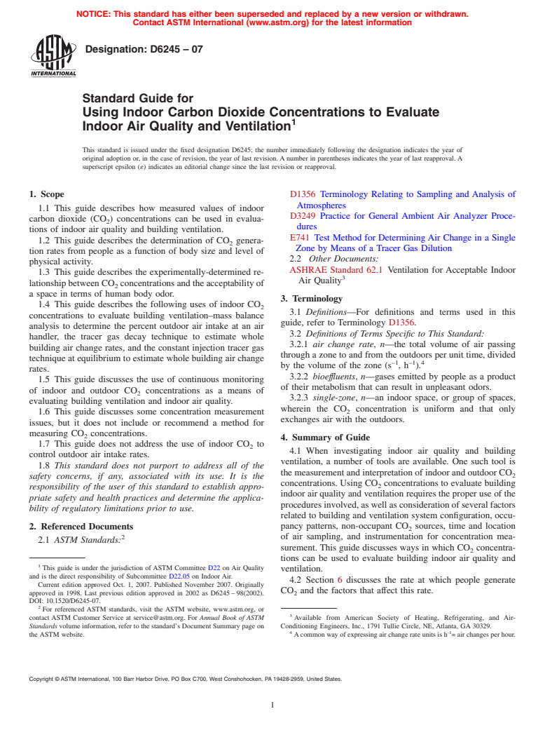 ASTM D6245-07 - Standard Guide for Using Indoor Carbon Dioxide Concentrations to Evaluate Indoor Air Quality and Ventilation