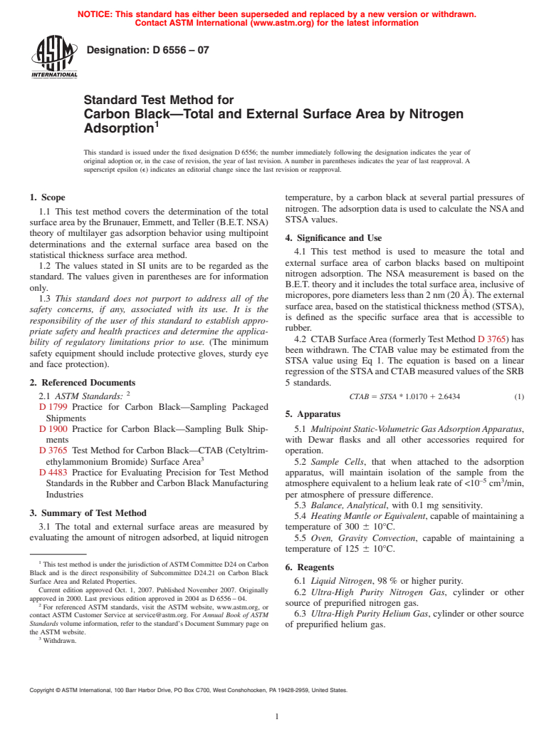 ASTM D6556-07 - Standard Test Method for Carbon Black-Total and External Surface Area by Nitrogen Adsorption