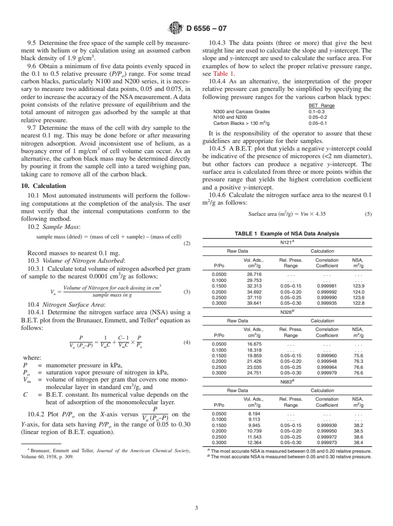 ASTM D6556-07 - Standard Test Method for Carbon Black-Total and External Surface Area by Nitrogen Adsorption