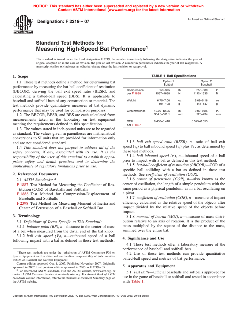 ASTM F2219-07 - Standard Test Methods for Measuring High-Speed Bat Performance