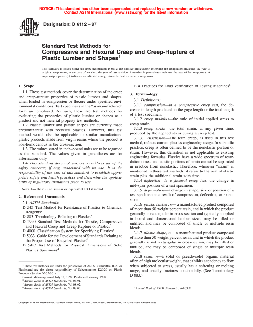 ASTM D6112-97 - Standard Test Methods for Compressive and Flexural Creep and Creep-Rupture of Plastic Lumber and Shapes