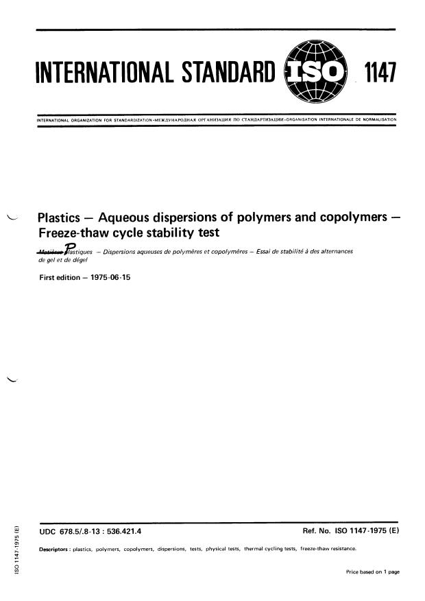 ISO 1147:1975 - Plastics -- Aqueous dispersions of polymers and copolymers -- Freeze-thaw cycle stability test