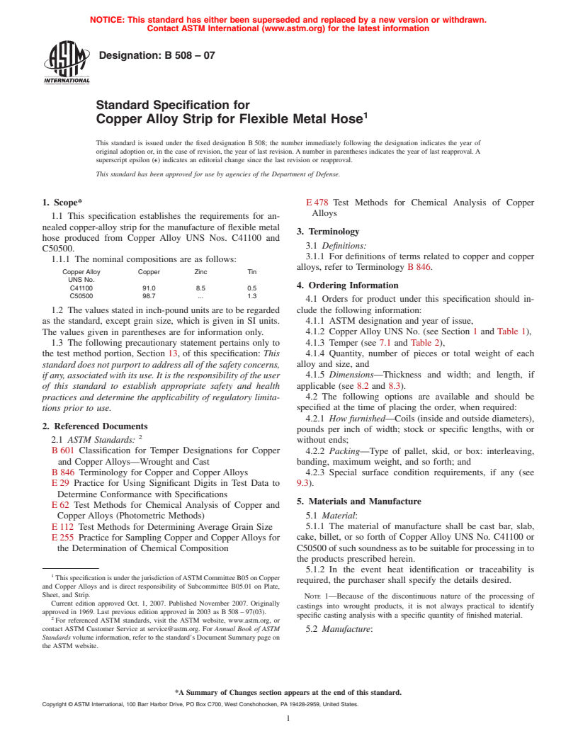 ASTM B508-07 - Standard Specification for Copper Alloy Strip for Flexible Metal Hose