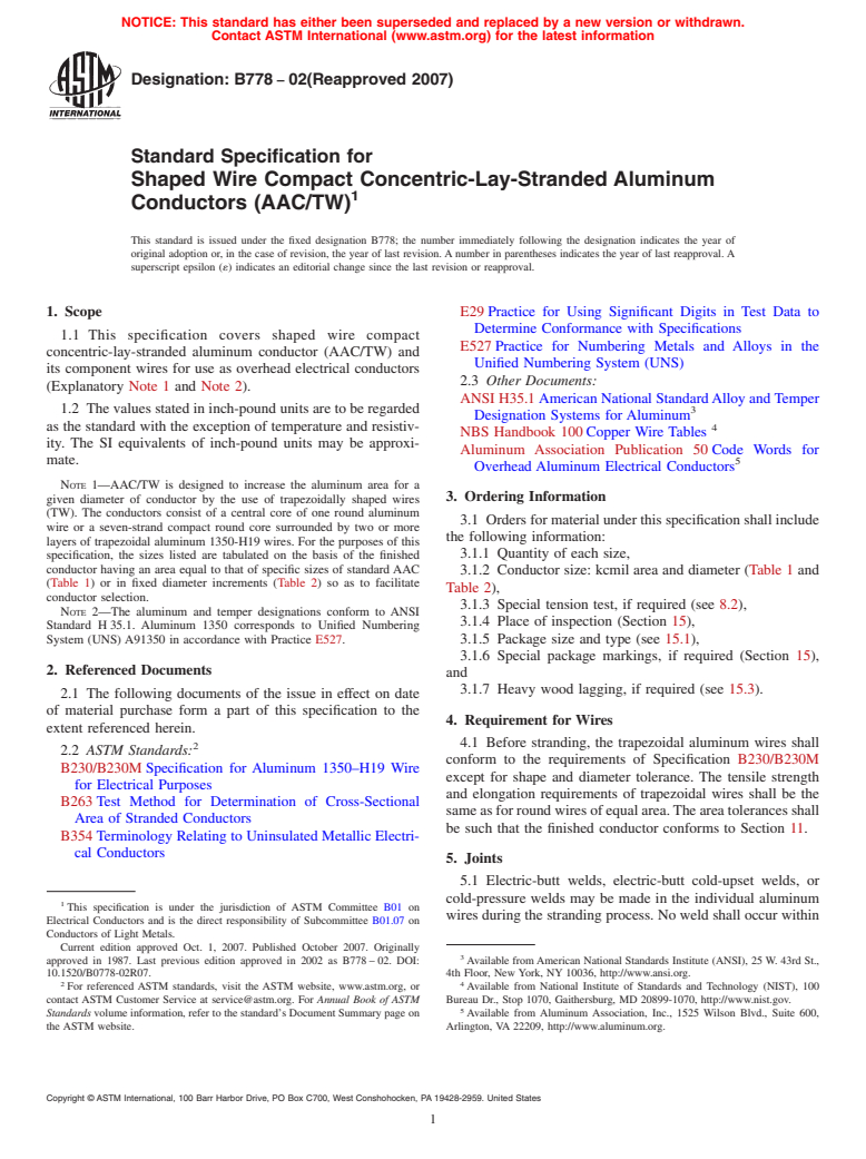 ASTM B778-02(2007) - Standard Specification for Shaped Wire Compact Concentric-Lay-Stranded Aluminum Conductors (AAC/TW)