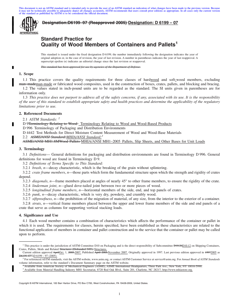 REDLINE ASTM D6199-07 - Standard Practice for Quality of Wood Members of Containers and Pallets