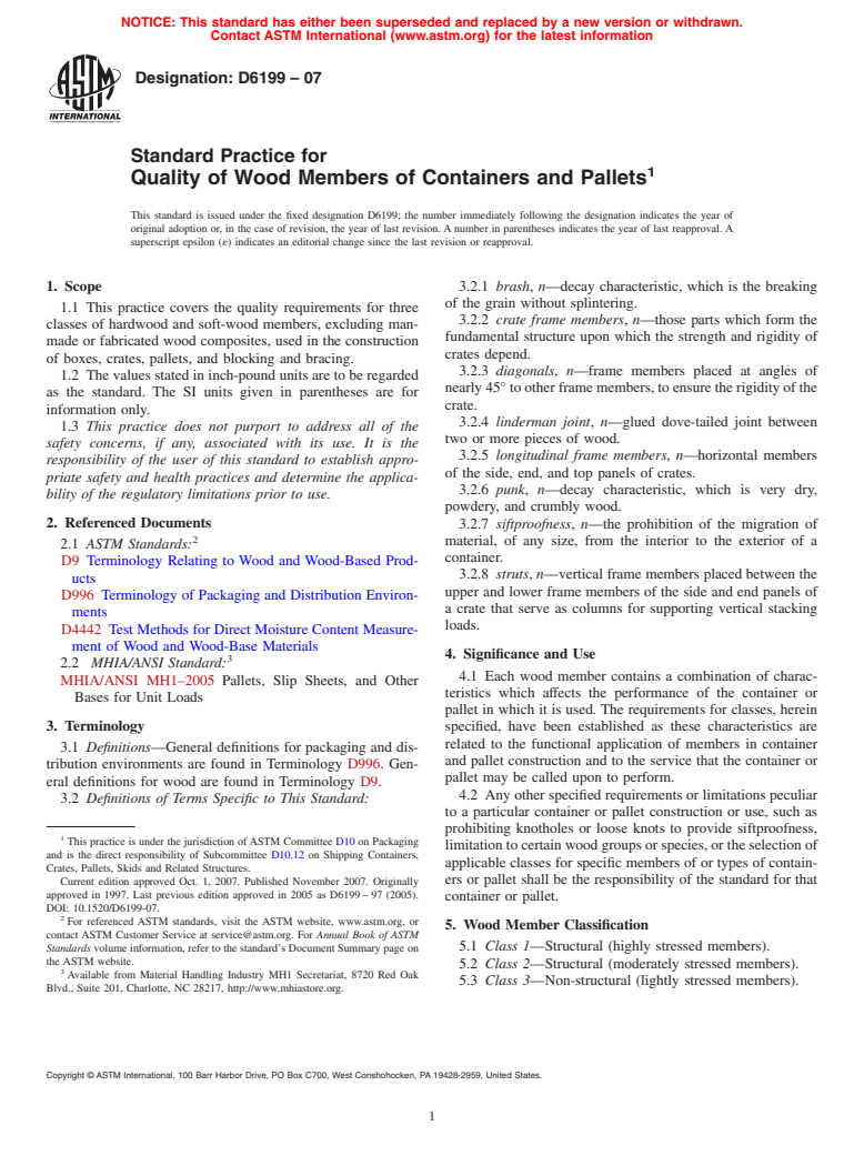 ASTM D6199-07 - Standard Practice for Quality of Wood Members of Containers and Pallets