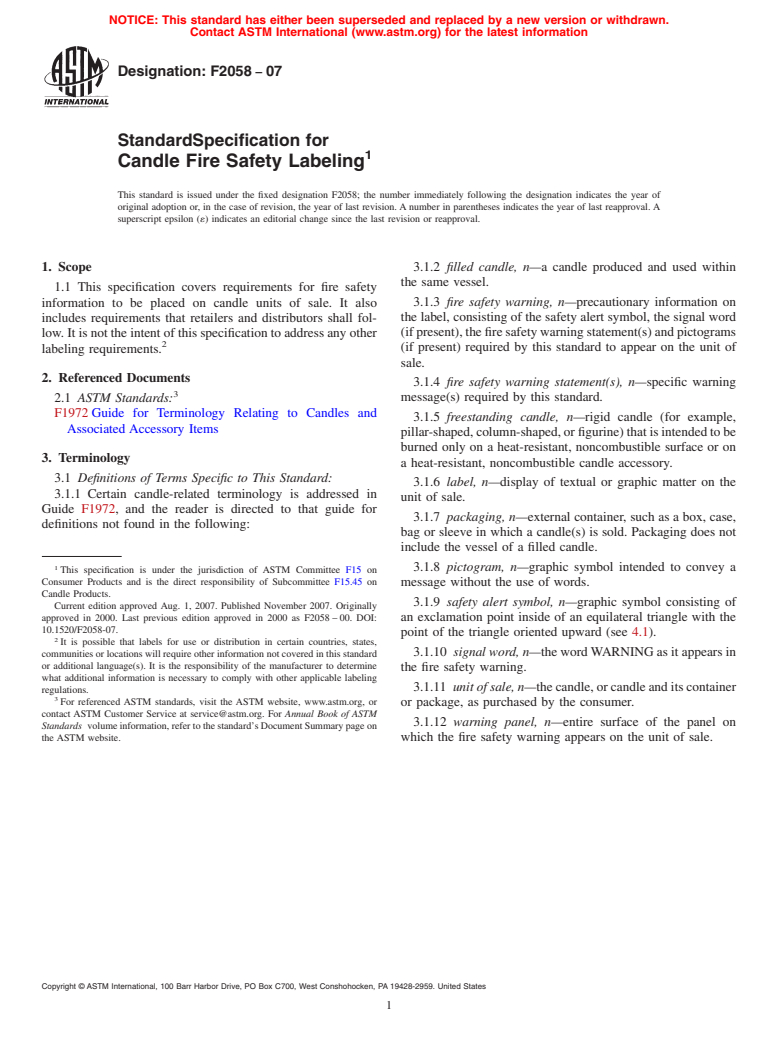 ASTM F2058-07 - Standard Specification for Candle Fire Safety Labeling