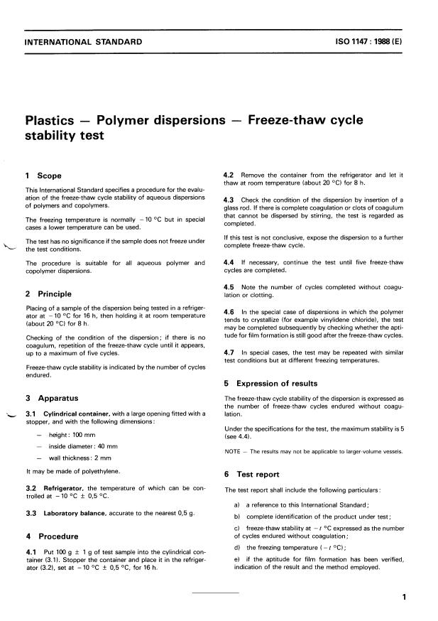 ISO 1147:1988 - Plastics -- Polymer dispersions -- Freeze-thaw cycle stability test