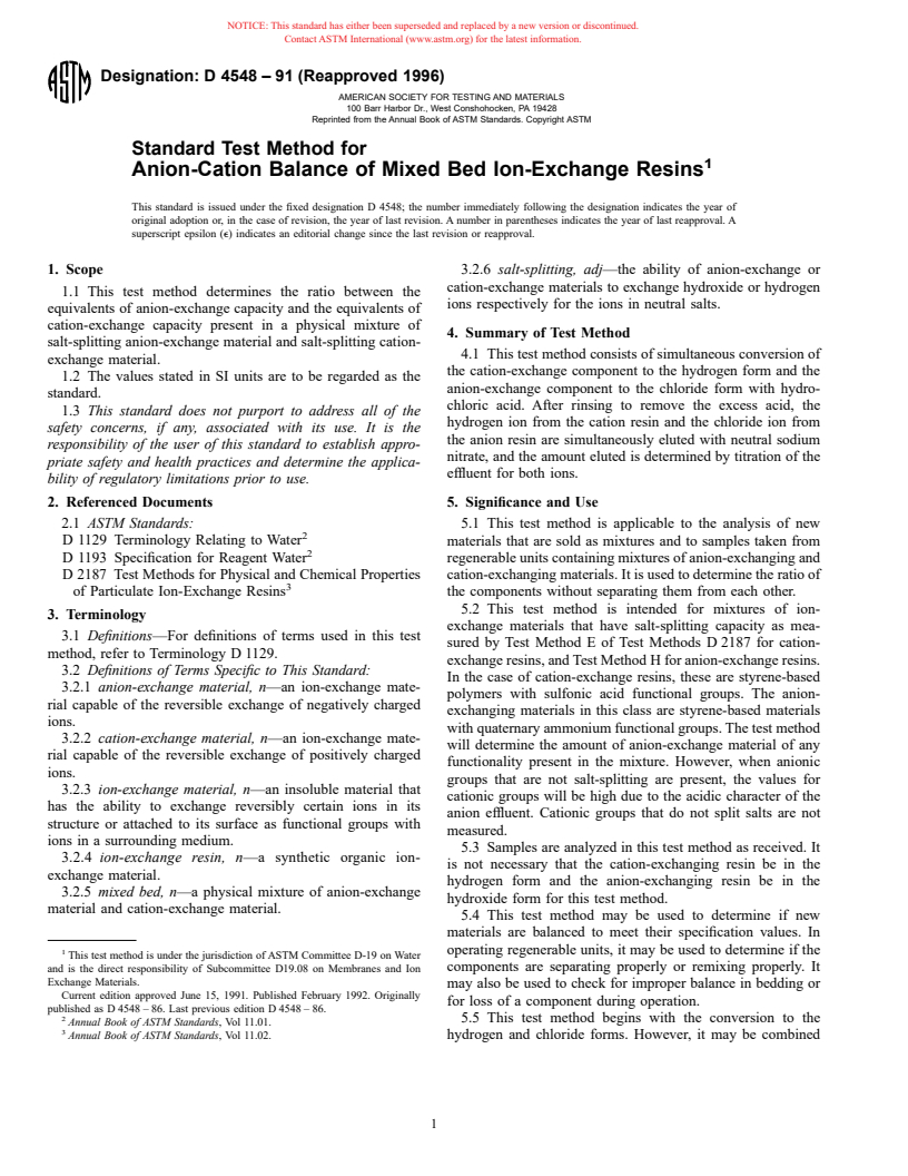 ASTM D4548-91(1996) - Standard Test Method for Anion-Cation Balance of Mixed Bed Ion-Exchange Resins