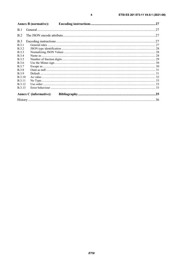 SIST ES 201 873-11 V4.9.1:2021 ETSI ES 201 873-11 V4.9.1 (2021-06) - Methods for Testing and Specification (MTS); The Testing and Test Control Notation version 3; Part 11: Using JSON with TTCN-3 - Page 4 preview