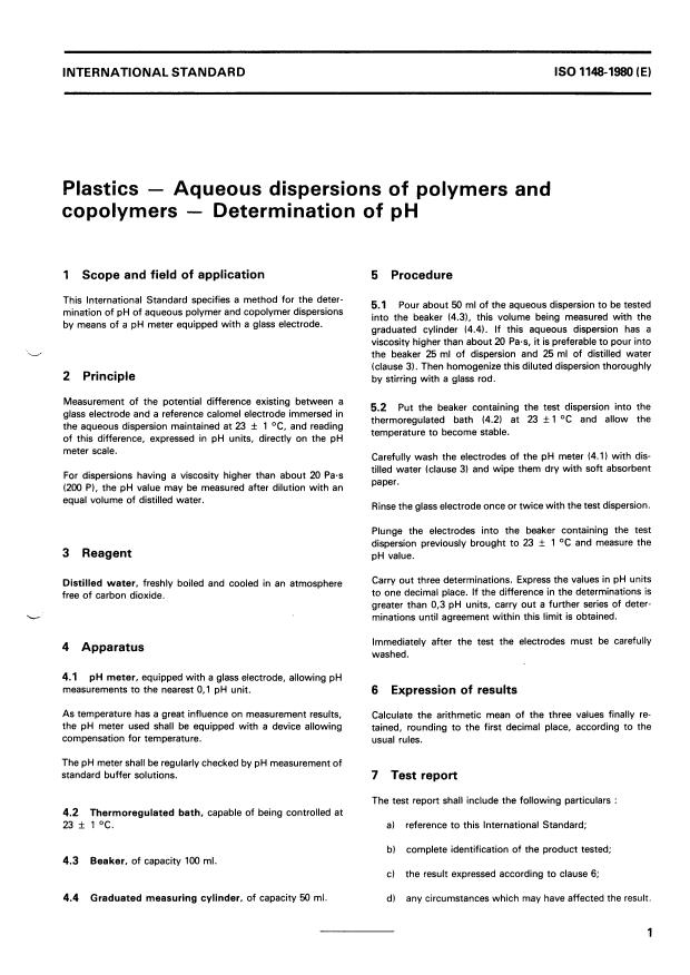 ISO 1148:1980 - Plastics -- Aqueous dispersions of polymers and copolymers -- Determination of pH