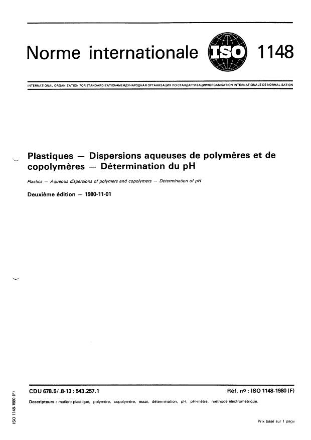 ISO 1148:1980 - Plastiques -- Dispersions aqueuses de polymeres et de copolymeres -- Détermination du pH