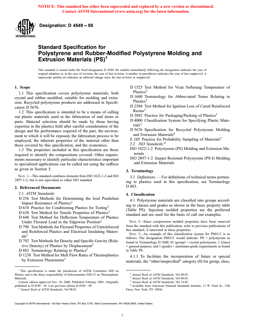 ASTM D4549-00 - Standard Specification for Polystyrene and Rubber-Modified Polystyrene Molding and Extrusion Materials (PS)