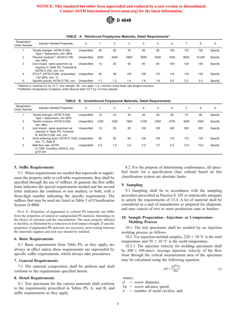 ASTM D4549-00 - Standard Specification for Polystyrene and Rubber-Modified Polystyrene Molding and Extrusion Materials (PS)