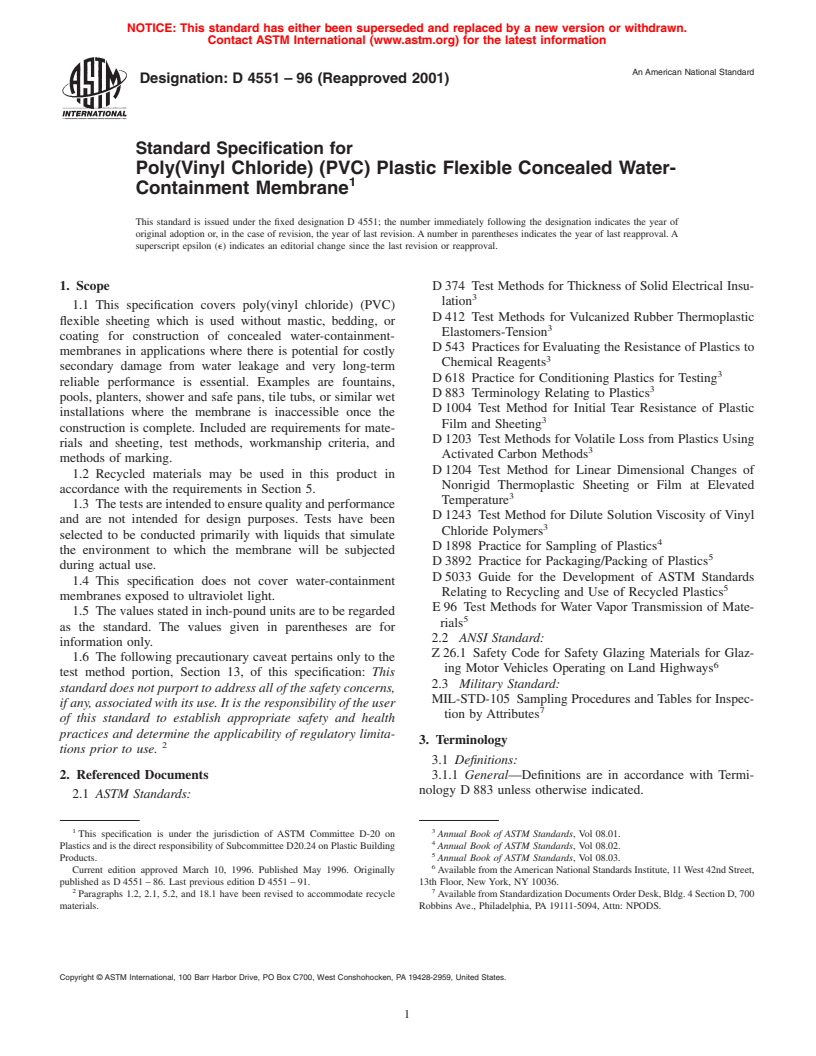 ASTM D4551-96(2001) - Standard Specification for Poly(Vinyl Chloride) (PVC) Plastic Flexible Concealed Water-Containment Membrane