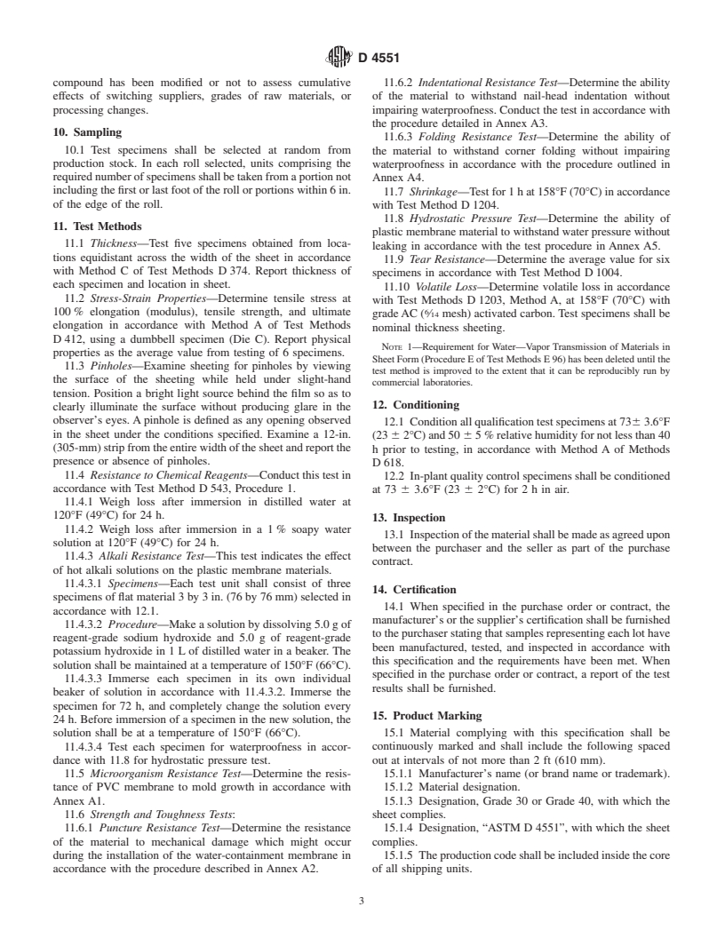 ASTM D4551-96(2001) - Standard Specification for Poly(Vinyl Chloride) (PVC) Plastic Flexible Concealed Water-Containment Membrane