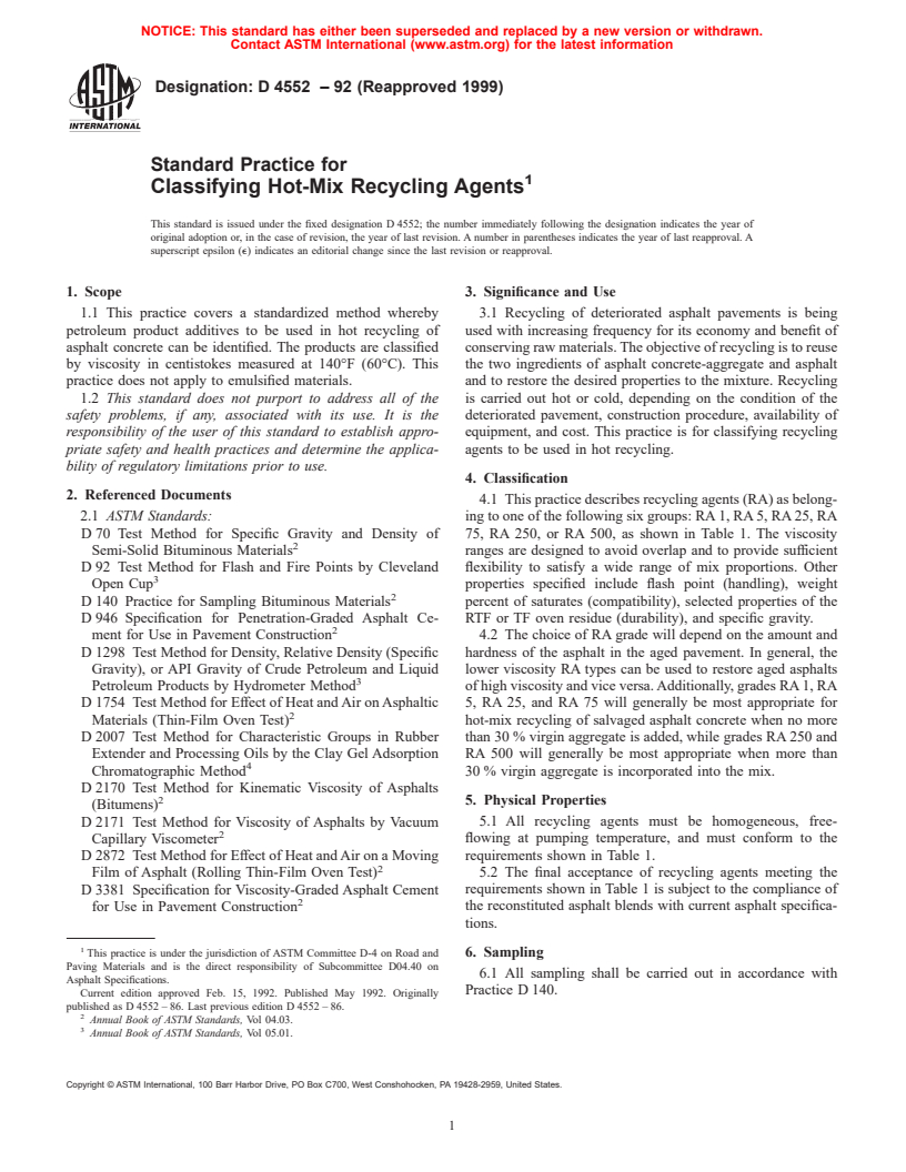 ASTM D4552-92(1999) - Standard Practice for Classifying Hot-Mix Recycling Agents