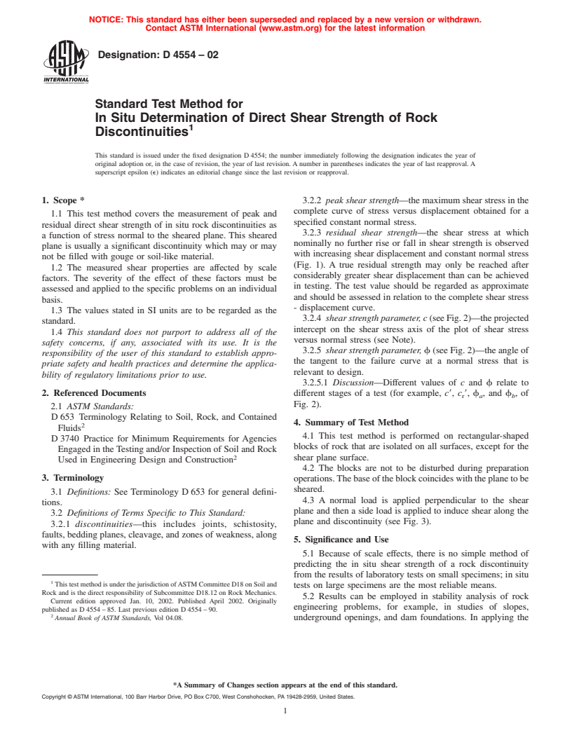 ASTM D4554-02 - Standard Test Method for In Situ Determination of Direct Shear Strength of Rock Discontinuities