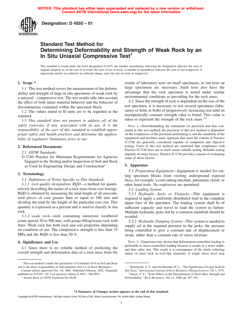 ASTM D4555-01 - Standard Test Method for Determining Deformability and Strength of Weak Rock by an In Situ Uniaxial Compressive Test