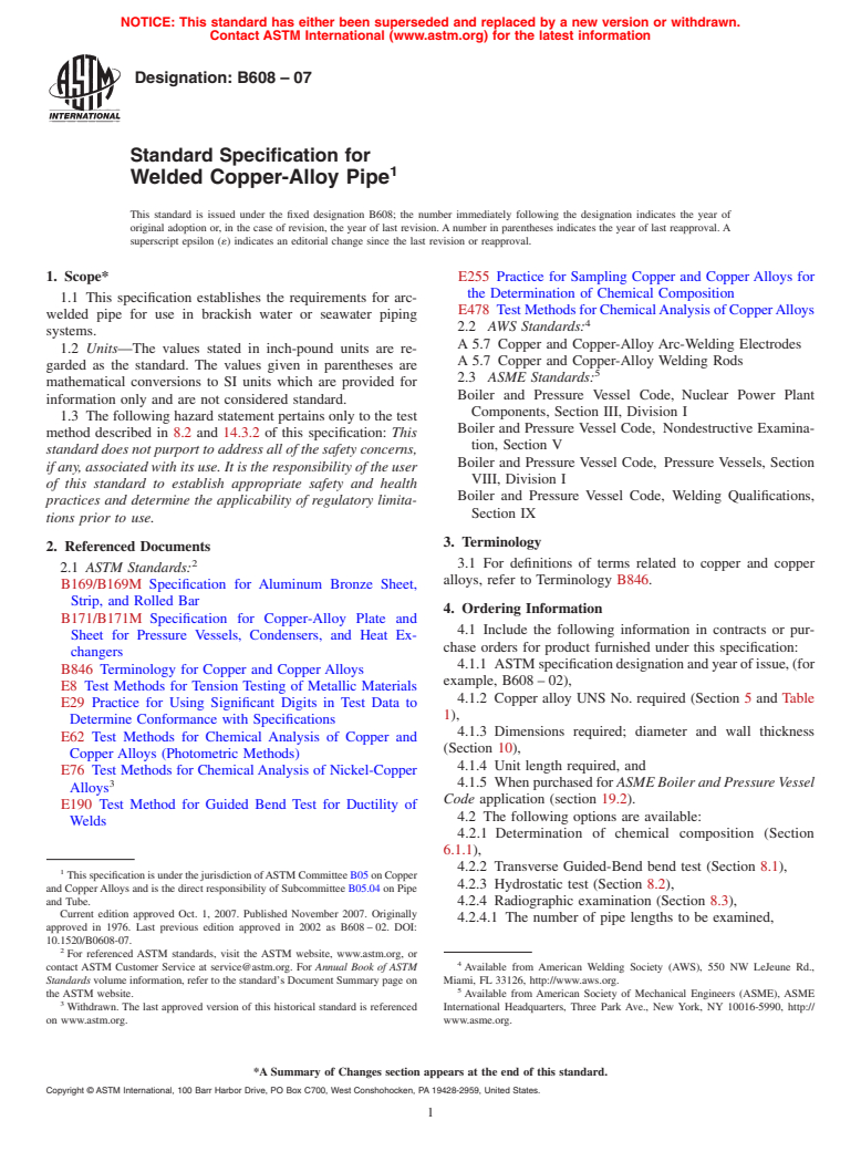 ASTM B608-07 - Standard Specification for Welded Copper-Alloy Pipe