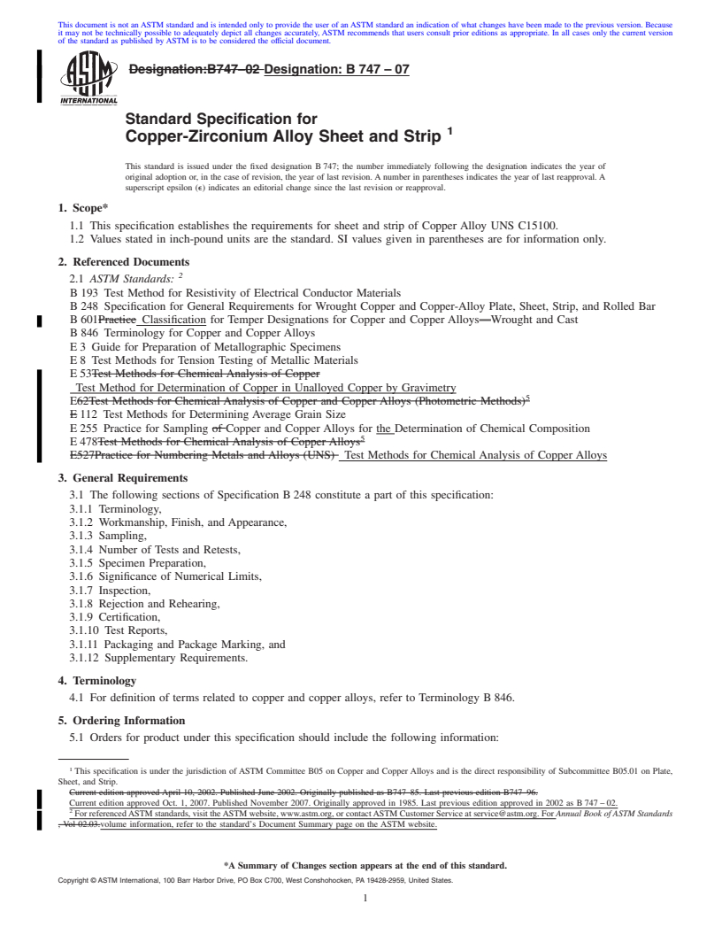 REDLINE ASTM B747-07 - Standard Specification for Copper-Zirconium Alloy Sheet and Strip
