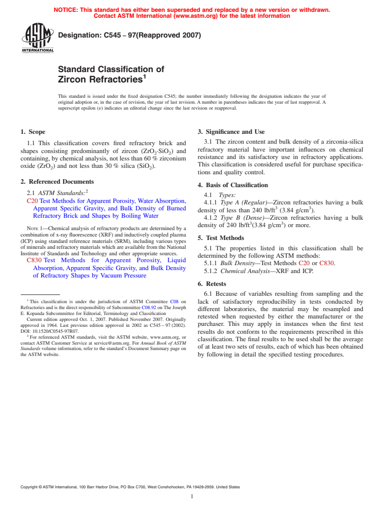 ASTM C545-97(2007) - Standard Classification of Zircon Refractories