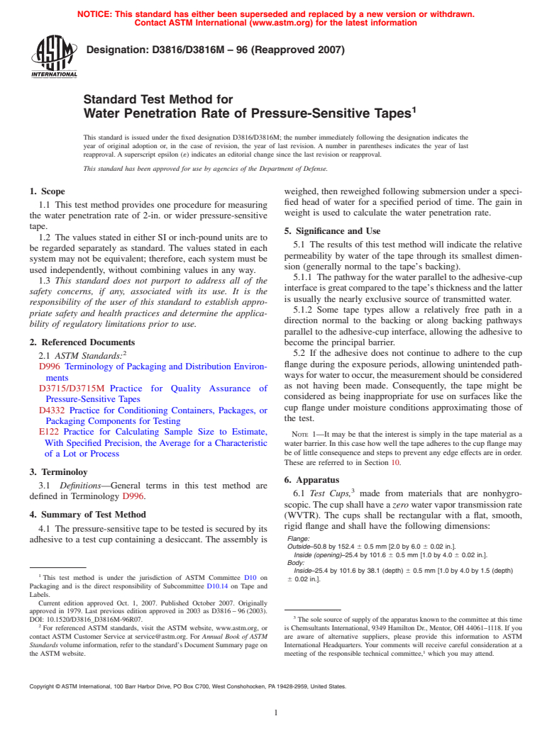 ASTM D3816/D3816M-96(2007) - Standard Test Method for Water Penetration Rate of Pressure-Sensitive Tapes