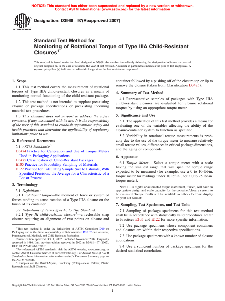 ASTM D3968-97(2007) - Standard Test Method for Monitoring of Rotational Torque of Type IIIA Child-Resistant Closures (Withdrawn 2016)