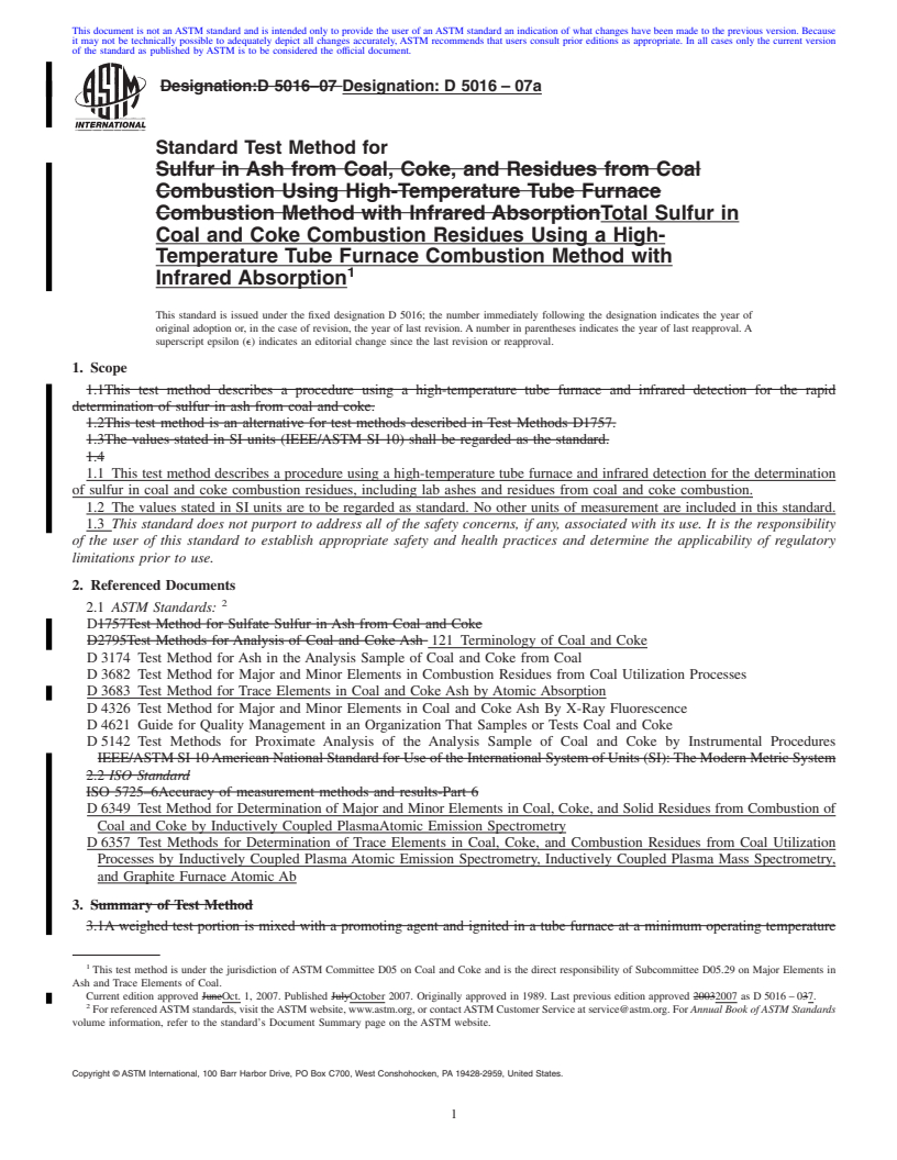 REDLINE ASTM D5016-07a - Standard Test Method for Total Sulfur in Coal and Coke Combustion Residues Using a High-Temperature Tube Furnace Combustion Method with Infrared Absorption