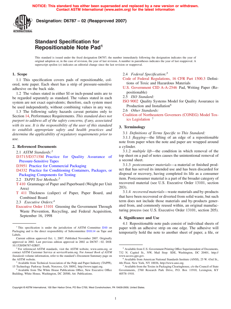 ASTM D6787-02(2007) - Standard Specification for Repositionable Note Pad