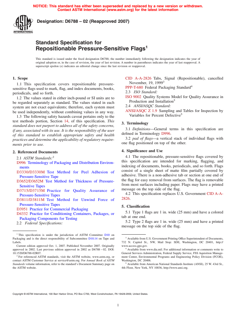 ASTM D6788-02(2007) - Standard Specification for Repositionable Pressure-Sensitive Flags