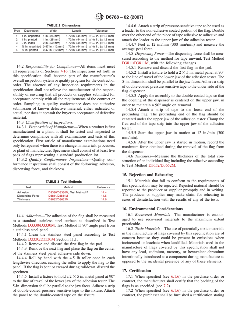 ASTM D6788-02(2007) - Standard Specification for Repositionable Pressure-Sensitive Flags