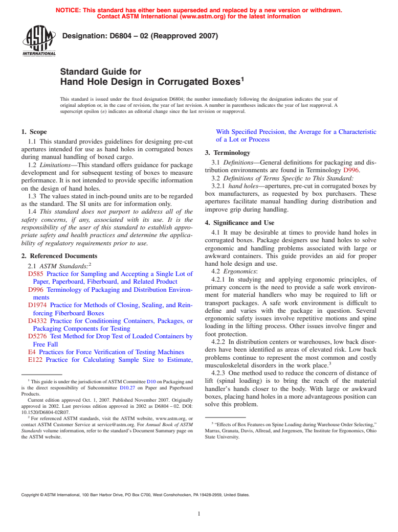 ASTM D6804-02(2007) - Standard Guide for Hand Hole Design in Corrugated Boxes