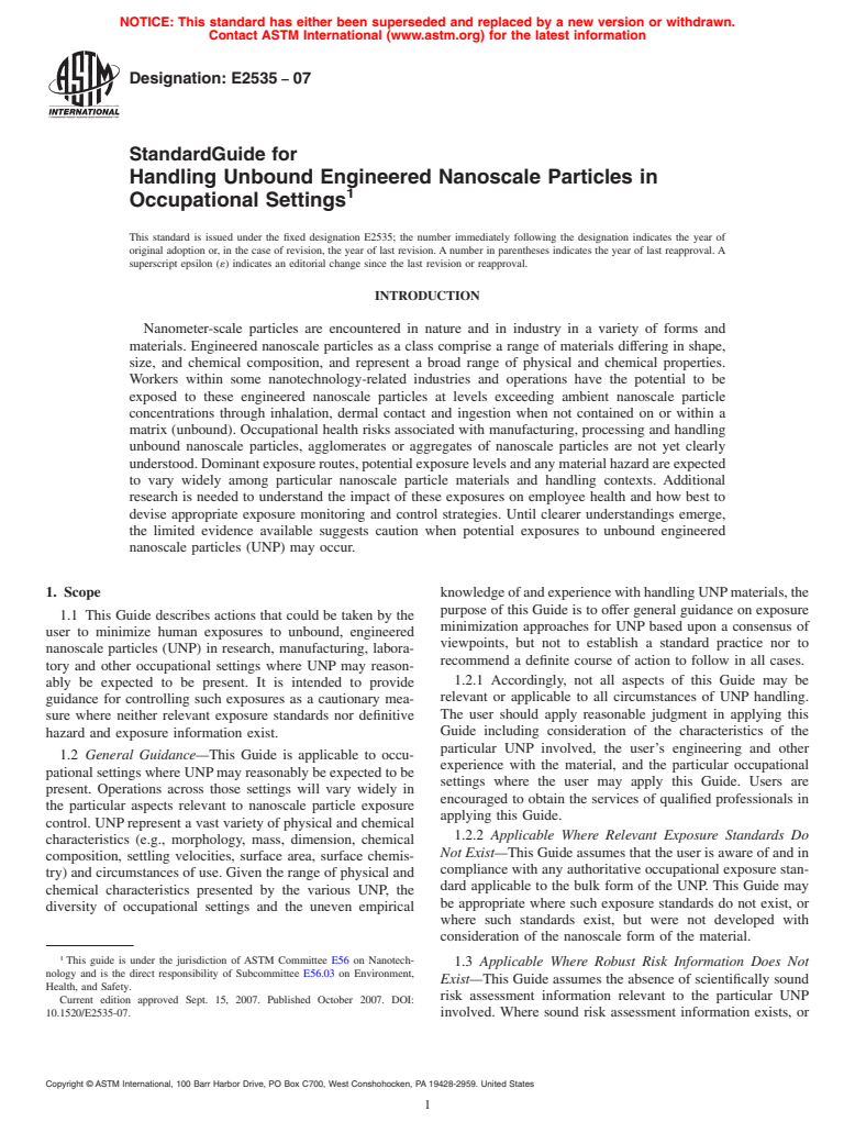 ASTM E2535-07 - Standard Guide for Handling Unbound Engineered Nanoscale Particles in Occupational Settings