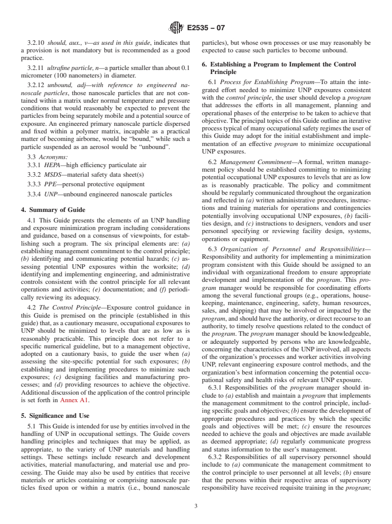 ASTM E2535-07 - Standard Guide for Handling Unbound Engineered Nanoscale Particles in Occupational Settings