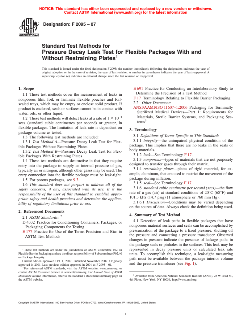 ASTM F2095-07 - Standard Test Methods for Pressure Decay Leak Test for Flexible Packages With and Without Restraining Plates